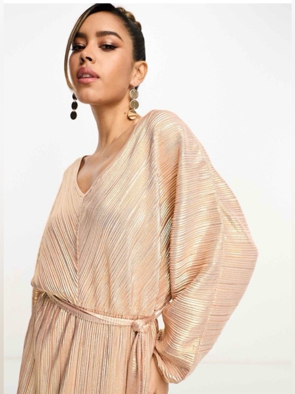 French Connection‎ Belted Dress Balloon Sleeves Shimmer Pink Rose Gold Sz L EUC